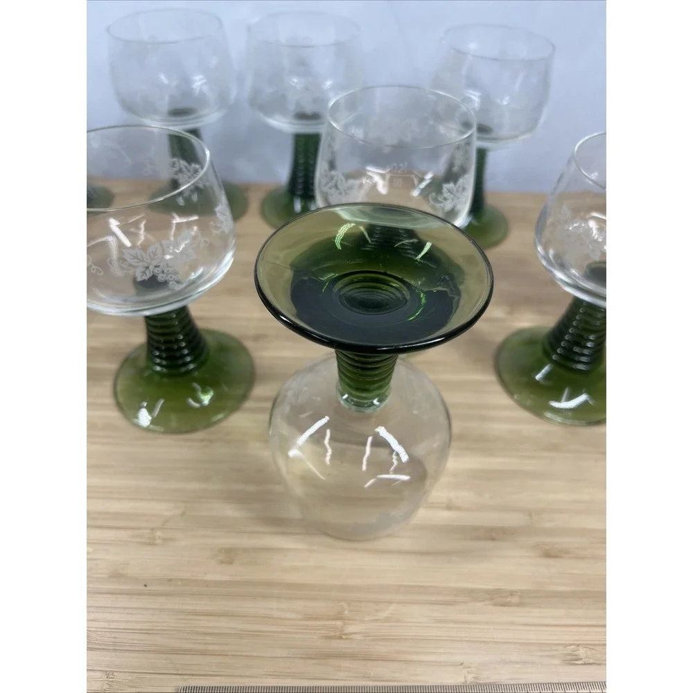 Vintage Beehive Stem Etched Wine Goblets Green Stem‎ Mixed Set of 14